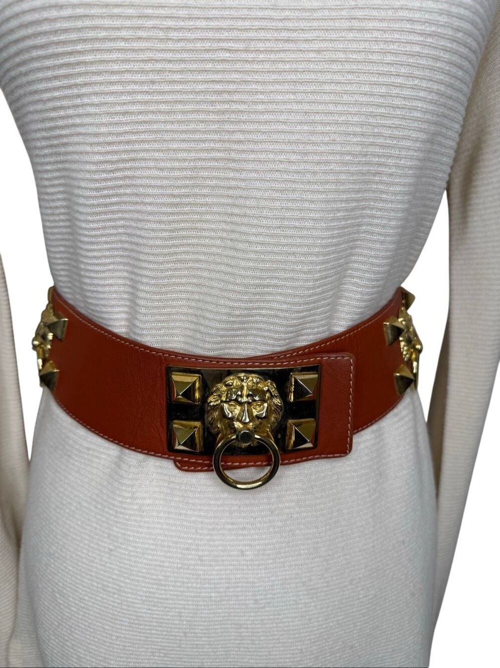Vintage Varlet de Lagrange Leather Belt Statement Gold Metal Lion Head Sz S/M